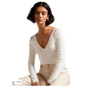 Ted Baker Sweater Women 2 Ivory Cileste V Neck Long Sleeve Knit Top Preppy‎